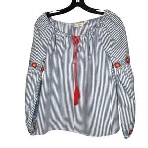 Tory Burch Madison Peasant Boho Striped Embroidered Tie Front Top Size 2